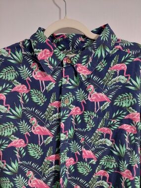 Island Republic Navy Button-Down with Pink Flamingo & Green Leaves